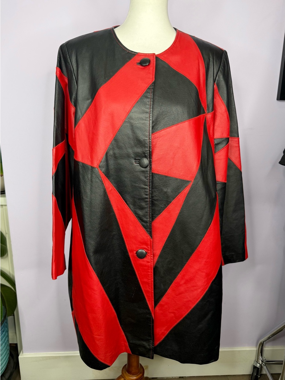 Via Accenti Vintage Red & Black Geometric Leather Swing Jacket